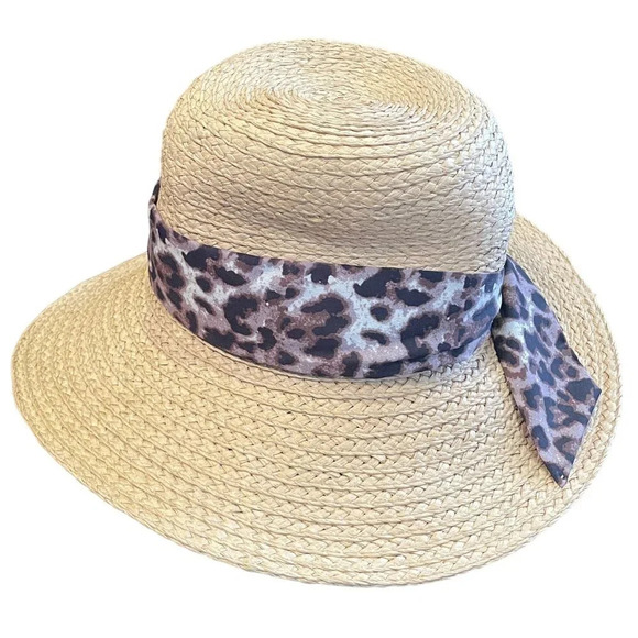 Vince Camuto Straw Paper Sun Hat With Leopard Print Ribbon Band 0/S Beach Travel - Picture 4 of 6